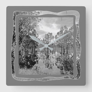 River Murray Black White Photo Gum Tree Reflection Square Wall Clock