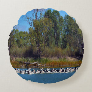 "River Murray's Fishermen: A Pelican Gathering" Round Cushion