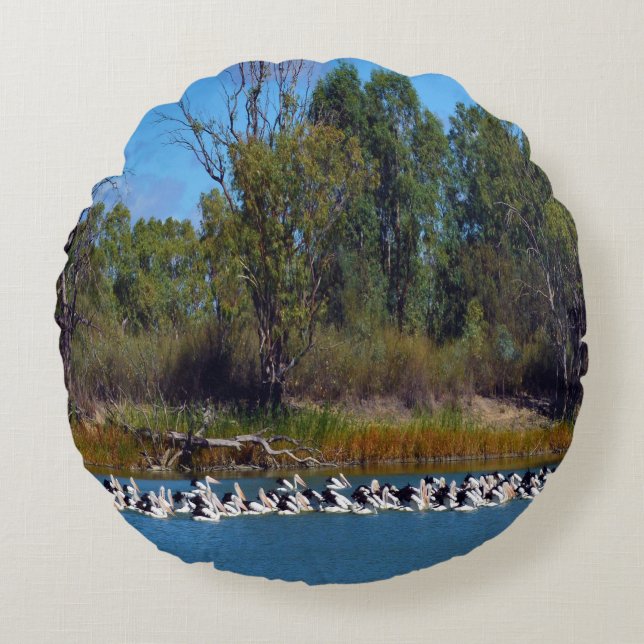 "River Murray's Fishermen: A Pelican Gathering" Round Cushion (Front)