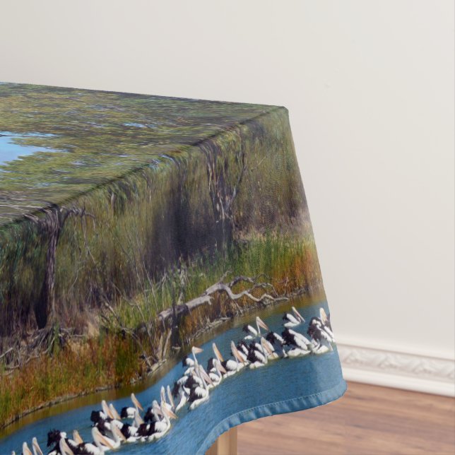 "River Murray's Fishermen: A Pelican Gathering" Tablecloth (In Situ)