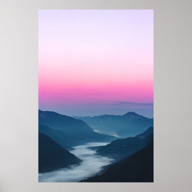 River of fog flowing through mountains at sunrise poster (Front)