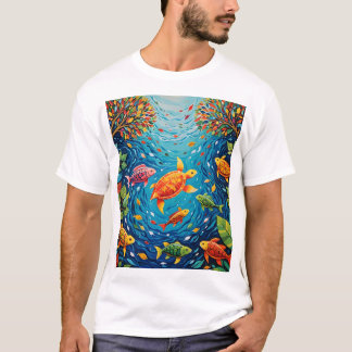 River of Life - Gond Art with Fish, Birds, and Tur T-Shirt