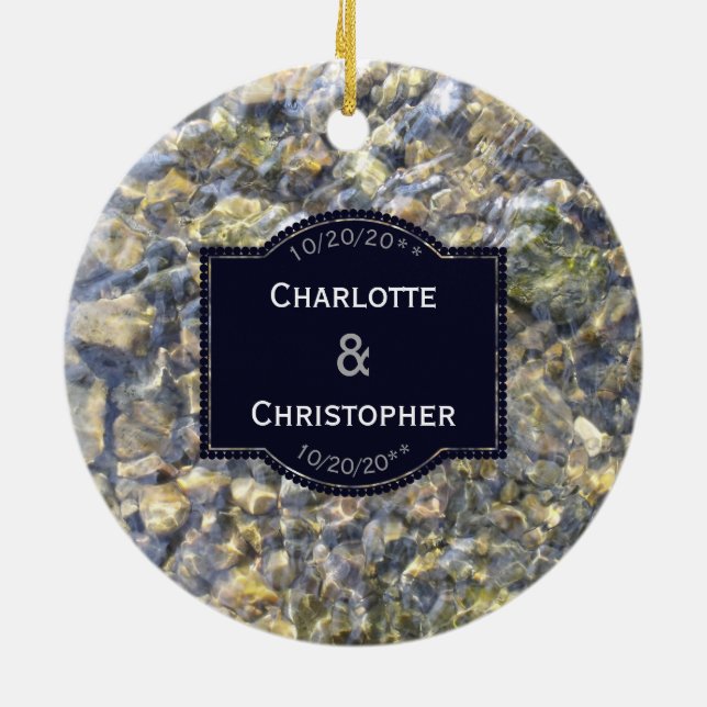 River Pebbles And Water Personalised Wedding Ceramic Tree Decoration (Back)