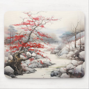 River Red Tree Ink Painting Mouse Pad