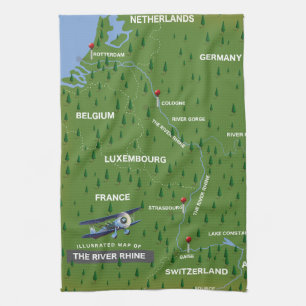 River Rhine retro travel map. Kitchen Towel
