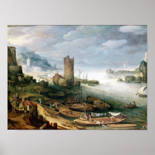 River Scene with a Ruined Tower Poster