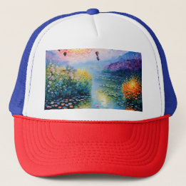 river scene with hot air balloons trucker hat
