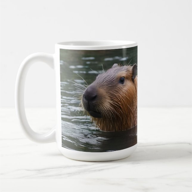 "River Serenity: Capybaras Swimming in the Flow" Coffee Mug (Left)