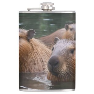 "River Serenity: Capybaras Swimming in the Flow" Hip Flask