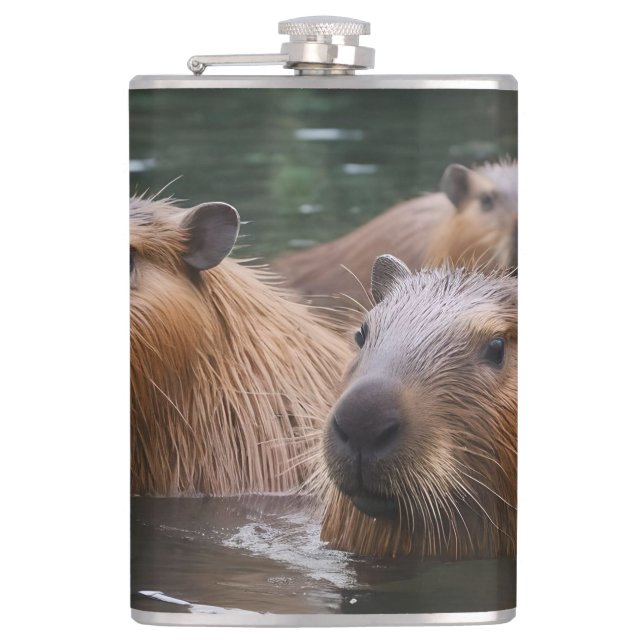 "River Serenity: Capybaras Swimming in the Flow" Hip Flask (Front)