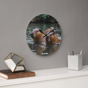 "River Serenity: Capybaras Swimming in the Flow" Large Clock