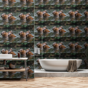 "River Serenity: Capybaras Swimming in the Flow" Wallpaper