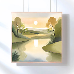 River Sunrise   Watercolor Yellow Poster