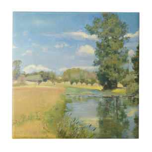 River Through a Harvest Landscape, Summer Ceramic Tile