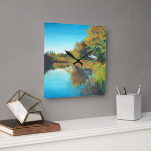 River Trees Fall Landscape Fine Art Square Wall Clock