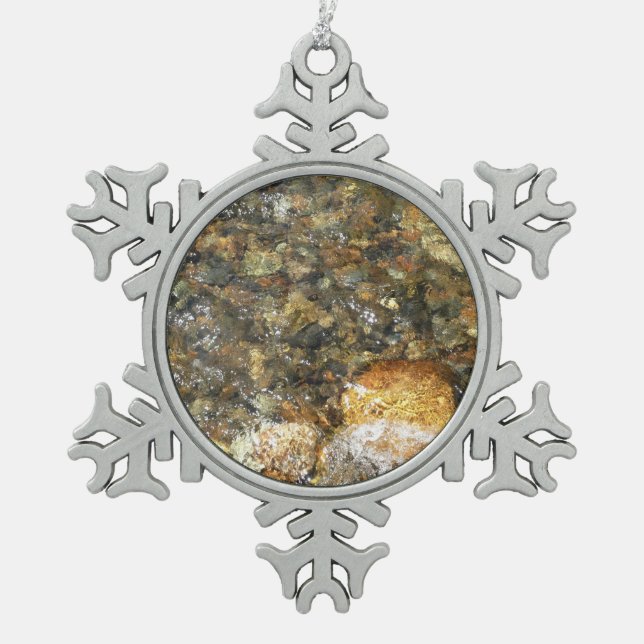 River-Worn Pebbles Brown and Grey Natural Abstract Snowflake Pewter Christmas Ornament (Front)