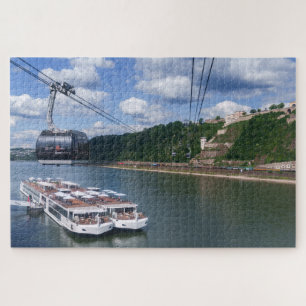 Riverboats at Deutsches Eck with Distant Castle Jigsaw Puzzle