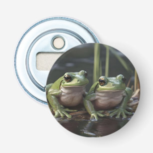 Riverbound Wonders: Two Plump Green Frogs By River Bottle Opener
