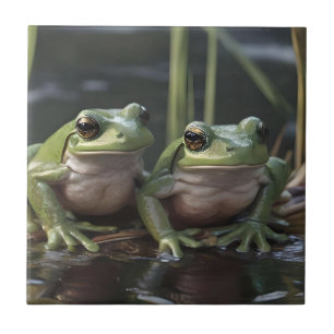 Riverbound Wonders: Two Plump Green Frogs By River Ceramic Tile