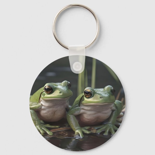 Riverbound Wonders: Two Plump Green Frogs By River Key Ring (Front)