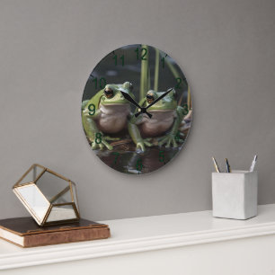 Riverbound Wonders: Two Plump Green Frogs By River Large Clock