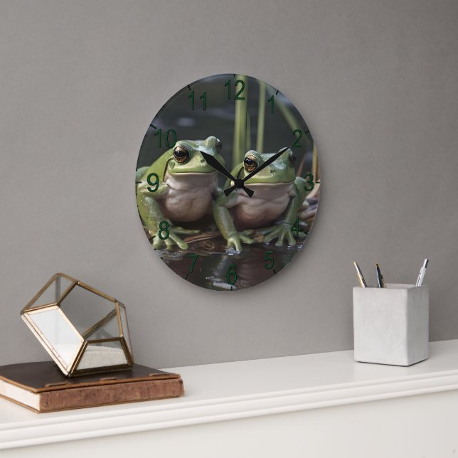 Riverbound Wonders: Two Plump Green Frogs By River Large Clock (Office)