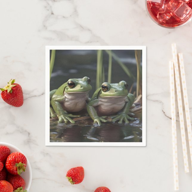 Riverbound Wonders: Two Plump Green Frogs By River Napkin (Insitu)