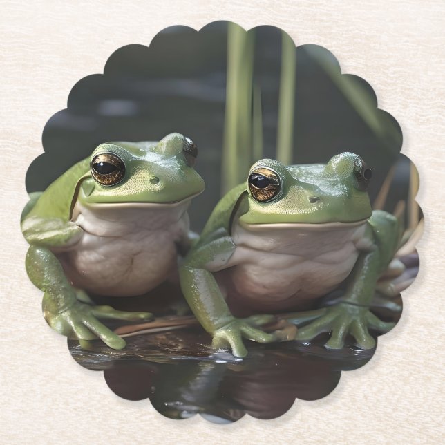 Riverbound Wonders: Two Plump Green Frogs By River Paper Coaster (Front)