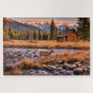 Riverside Cabin with Deer Jigsaw Puzzle