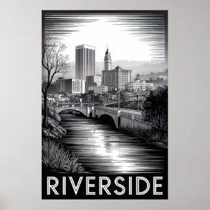 Riverside California Black White Woodcut Poster