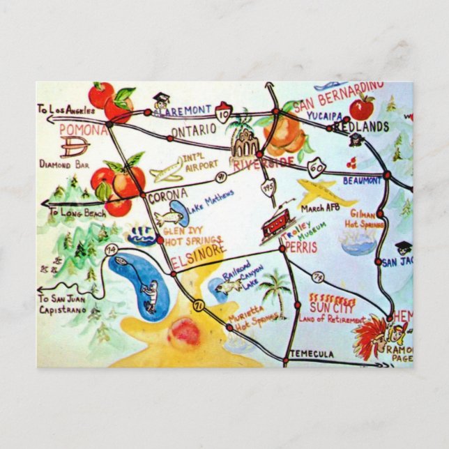 Riverside - California Colourful Map  Postcard (Front)