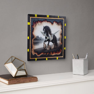 Riverside Trot: Charred Wood Gypsy Vanner Square Wall Clock