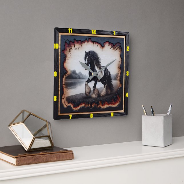 Riverside Trot: Charred Wood Gypsy Vanner Square Wall Clock (Office)