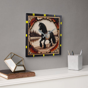 Riverside Trot: Charred Wood Gypsy Vanner Square Wall Clock