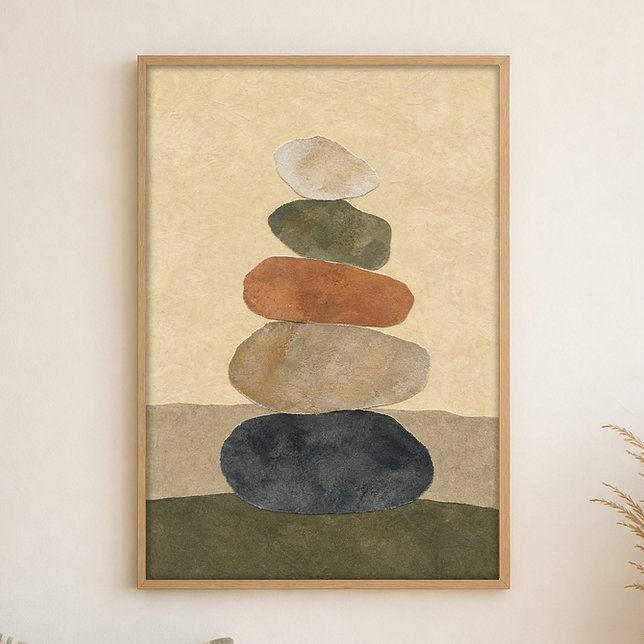 Riverstone Stack Gouache Boho Art Poster (Shown framed for scale. Poster ships unframed; frames are an optional add-on.)