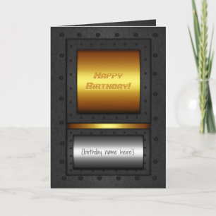 Riveted steel-framed gold and chrome birthday card