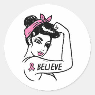 Riveter Believe Pink Ribbon Breast Cancer Awarenes Classic Round Sticker
