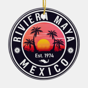 Riviera Maya Mexico Retro Sunset Palm Souvenirs Ceramic Ornament