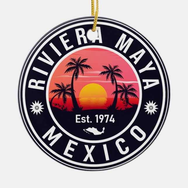Riviera Maya Mexico Retro Sunset Palm Souvenirs Ceramic Ornament (Front)