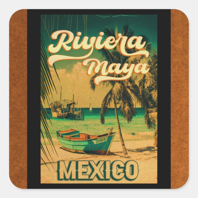 Riviera Maya Postcard Palm Tree Vintage Travel Square Sticker (Front)
