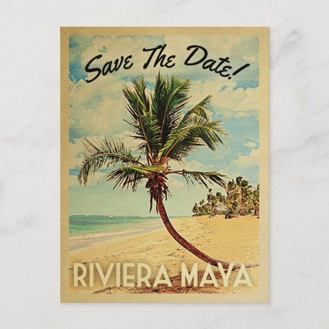Riviera Maya Save The Date Vintage Beach Palm Tree Announcement Postcard (Front)