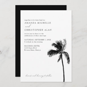 Riviera Maya Wedding Black & White Beach Palm Tree Invitation