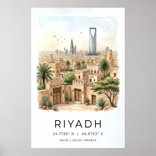 Riyadh Skyline Print Watercolor Cityscape with (Front)