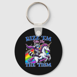 Rizz ‘em With The ‘tism Cool Racoon Ride Unicorn Key Ring