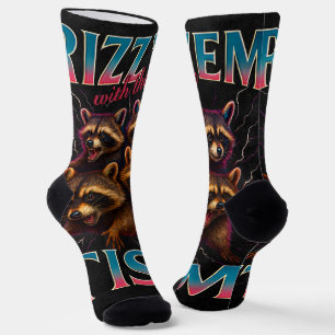Rizz Em With The Tism Meme Autism Funny Racoon Socks