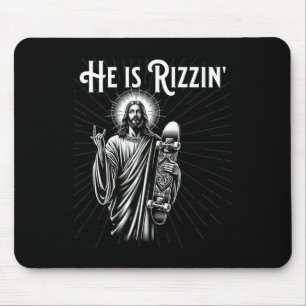 Rizzen Rocker He Is Rizzin Funny Jesus Riding Skat Mouse Pad