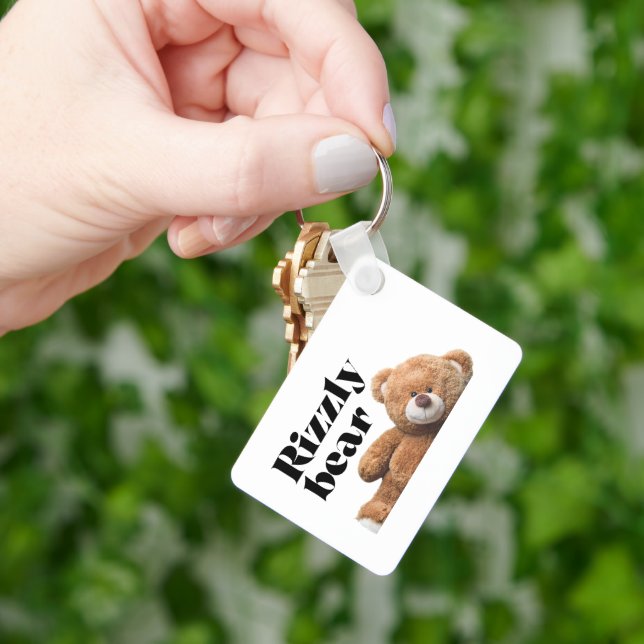 Rizzly cute teddy bear design funny quote key ring (Hand)