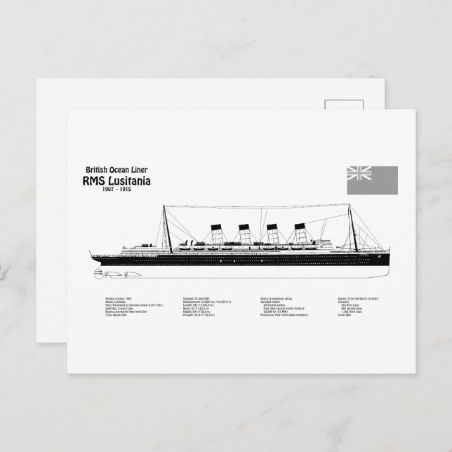 RMS Lusitania - Ship Blueprint Plans BD Postcard (Front/Back)