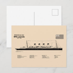 RMS Lusitania - Ship Blueprint Plans SD Postcard