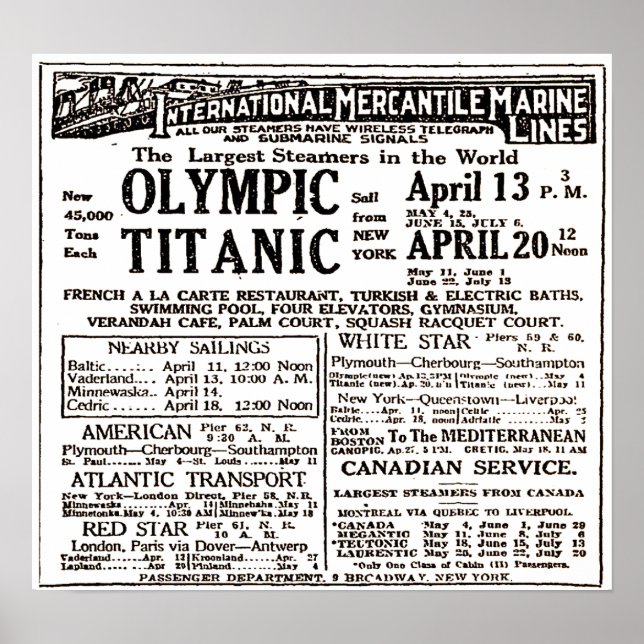 RMS Titanic Passenger Liner Newspaper Ad Poster (Front)
